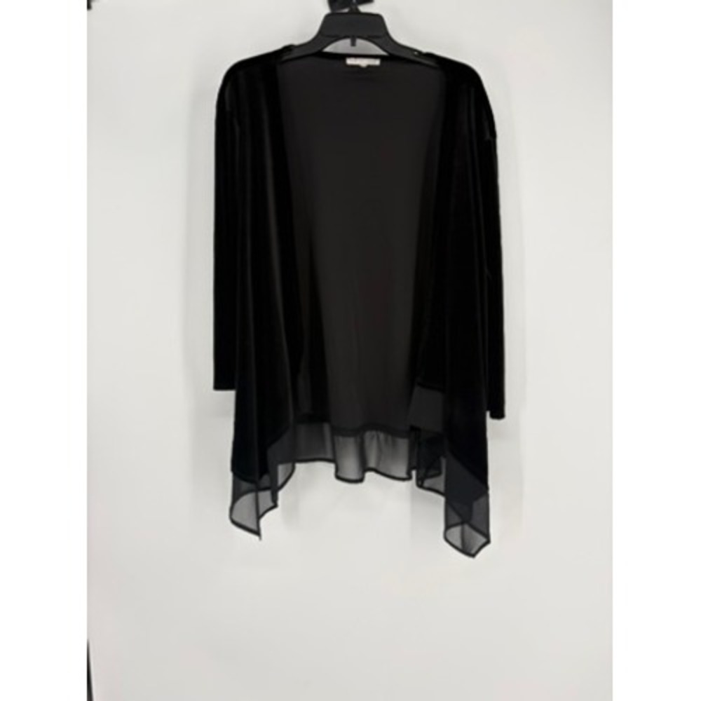 Notations Cardigan Womens 3X Black Velvet Chiffon Hem Open Front Mixed Media